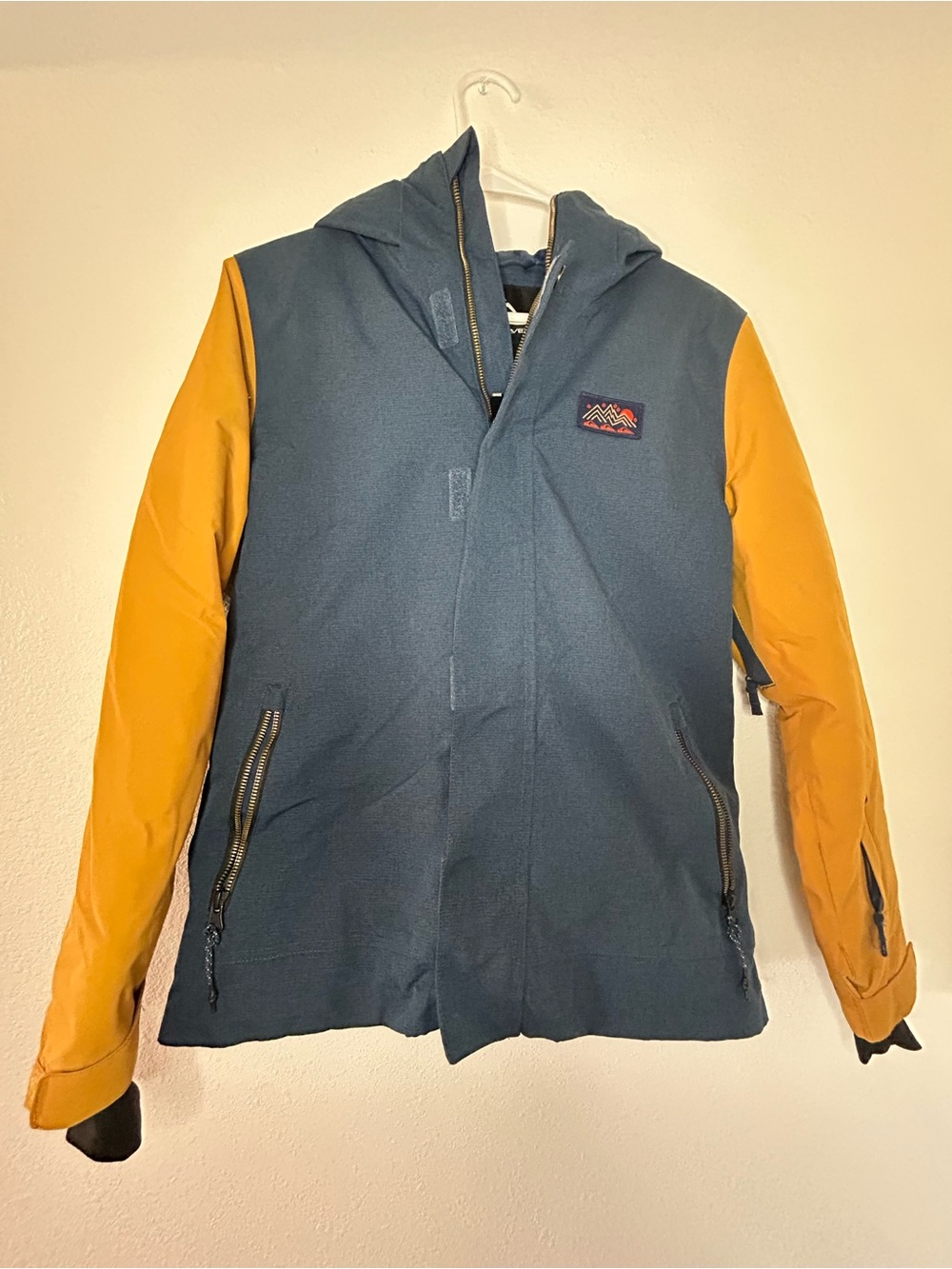 Quiksilver Blue Hooded Jacket with Mustard Yellow Sleeves